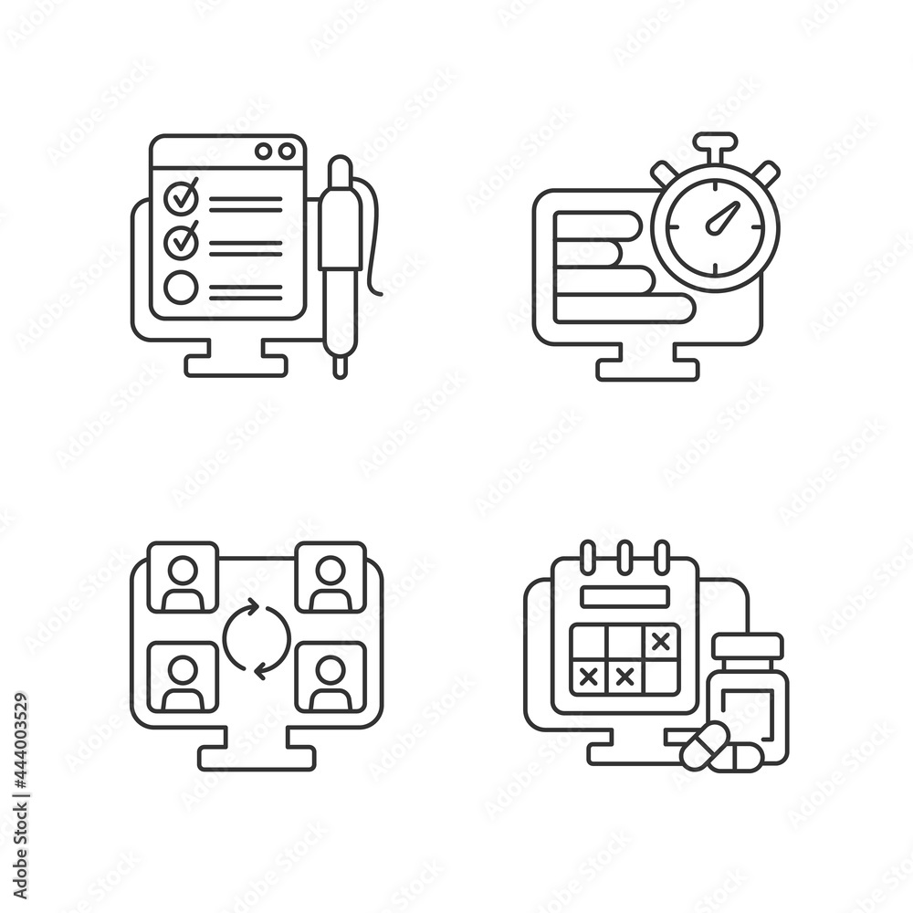 Tracking for remote work linear icons set. Online form with control checklist. Time management. Customizable thin line contour symbols. Isolated vector outline illustrations. Editable stroke Tracking for remote work linear icons set. Online form with control checklist. Time management. Customizable thin line contour symbols. Isolated vector outline illustrations. Editable stroke