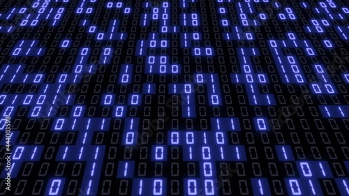A digital display one by one switches on the binary code bits with a blue light and constantly changes their status randomly from 0 and 1 until the panel is fully illuminated