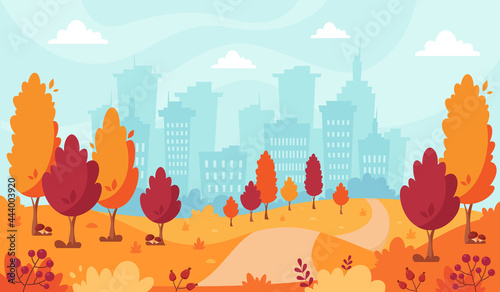 Autumn park on city background. Autumn landscape. Vector illustration