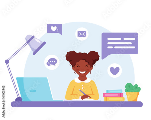 Black girl studying with computer. Online learning, back to school concept. Vector illustration