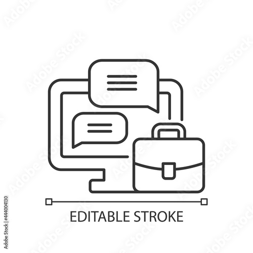 Workplace chat linear icon. Business chat for remote employee. Communication with coworkers. Thin line customizable illustration. Contour symbol. Vector isolated outline drawing. Editable stroke