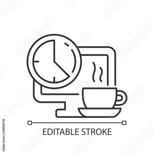 Breaks in work graphic linear icon. Time for rest on workplace in office. Work monitoring. Thin line customizable illustration. Contour symbol. Vector isolated outline drawing. Editable stroke