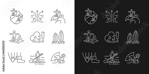 Water activities linear icons set for dark and light mode. Surfing maneuvers. Keeping distance. Rip currents. Customizable thin line symbols. Isolated vector outline illustrations. Editable stroke
