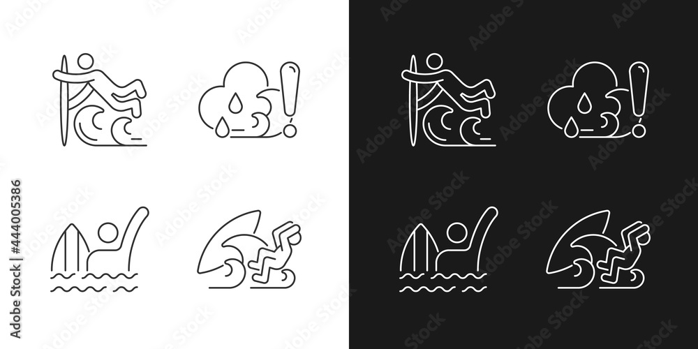 Water sports linear icons set for dark and light mode. Superman surfing technique. Checking weather. Customizable thin line symbols. Isolated vector outline illustrations. Editable stroke Water sports linear icons set for dark and light mode. Superman surfing technique. Checking weather. Customizable thin line symbols. Isolated vector outline illustrations. Editable stroke