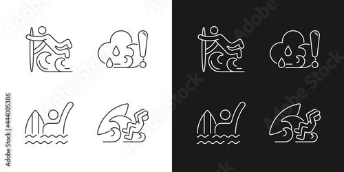 Water sports linear icons set for dark and light mode. Superman surfing technique. Checking weather. Customizable thin line symbols. Isolated vector outline illustrations. Editable stroke