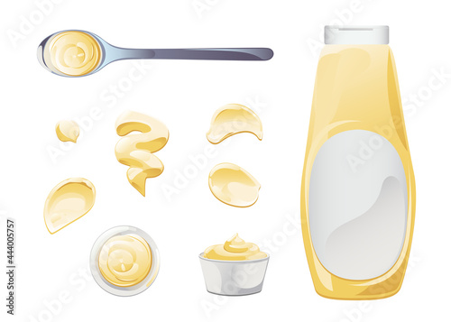 Mayonnaise in bowl, bottle, stains and splash set. Condiment white sauce icon set. Top and front view vector illustration.