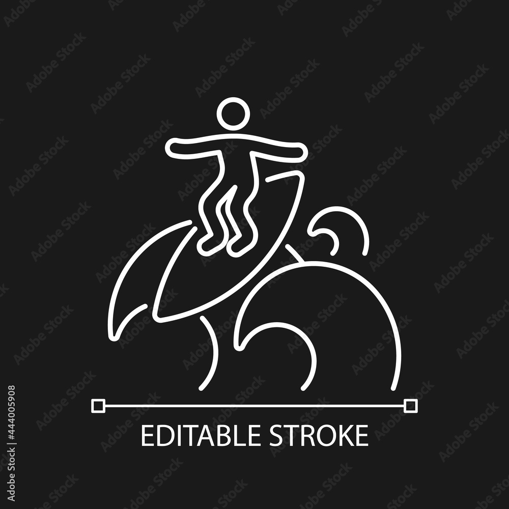 Floater surfing technique white linear icon for dark theme. Riding over breaking wave top. Thin line customizable illustration. Isolated vector contour symbol for night mode. Editable stroke Floater surfing technique white linear icon for dark theme. Riding over breaking wave top. Thin line customizable illustration. Isolated vector contour symbol for night mode. Editable stroke