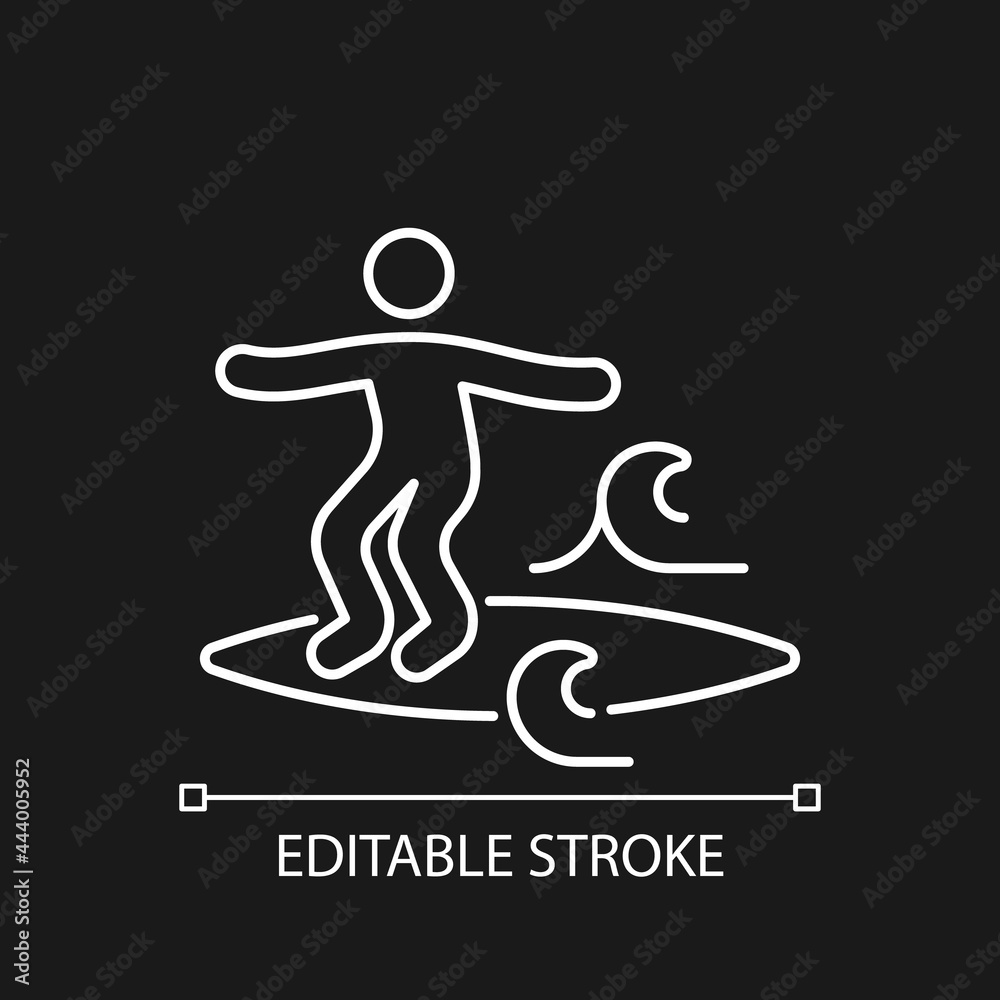 Noseriding surfing technique white linear icon for dark theme. Maneuver