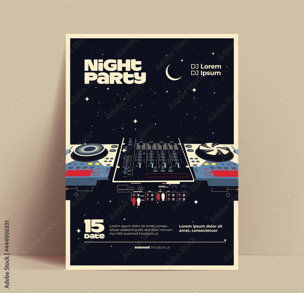 Night music party flyer or poster or banner design template for night club with DJ Mixer on starry night background. Vintage styled vector illustration - obrazy, fototapety, plakaty 