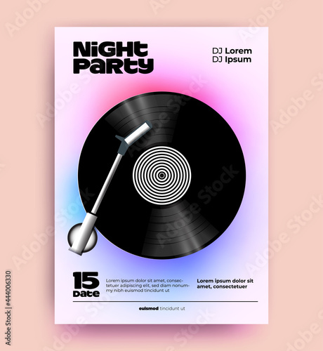 Night dj music party poster or flyer design template with realistic vinyl disk on abstract gradient background and typographic composition. Vector illustration