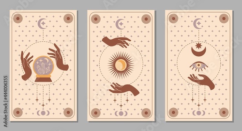 Mystic boho set of female hands and symbols, crescent moon, crystal ball, eye, star, sun for tarot card. Vector magic flat illustration. Trendy minimalist signs for design of cosmetics, background