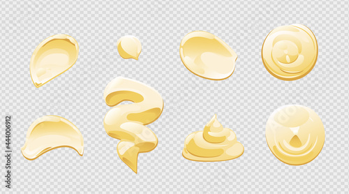 Mayonnaise or yoghurt drop, splash or stain set. Top and front view. Vector illustration in cartoon flat style. photo