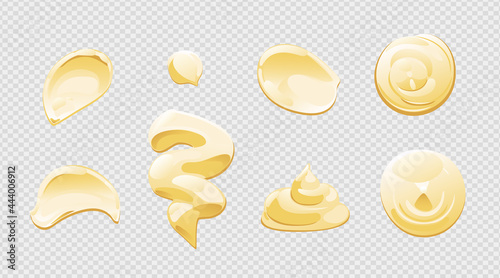 Mayonnaise or yoghurt drop, splash or stain set. Top and front view. Vector illustration in cartoon flat style.