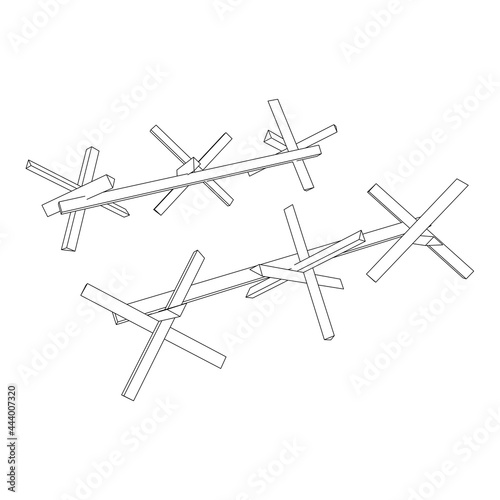 Hedgehog antitank defence. Wireframe low poly mesh vector illustration.