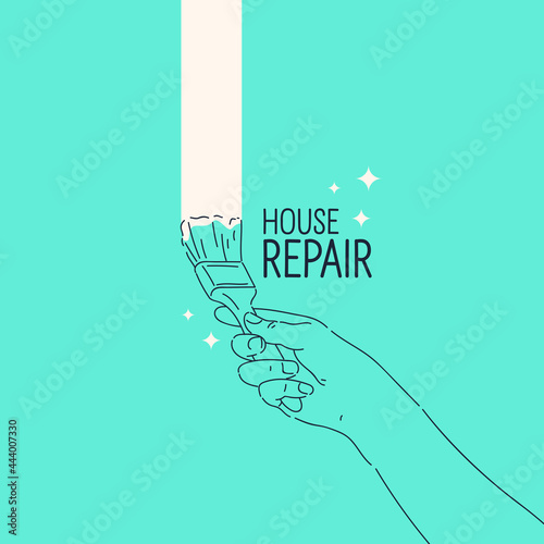 A man holds a tool in his hand. A poster on the topic of home renovation.