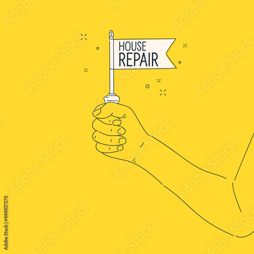 A man holds a tool in his hand. A poster on the topic of home renovation.