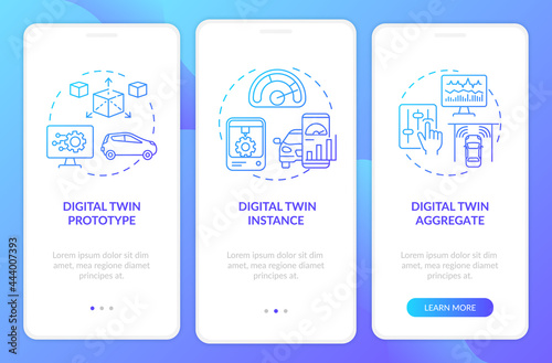 Digital twin types onboarding mobile app page screen. Automation technologies walkthrough 3 steps graphic instructions with concepts. UI, UX, GUI vector template with linear color illustrations