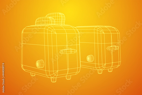 Toaster with two fried pieces of loaf prepared for a breakfast. Wireframe low poly mesh vector illustration.