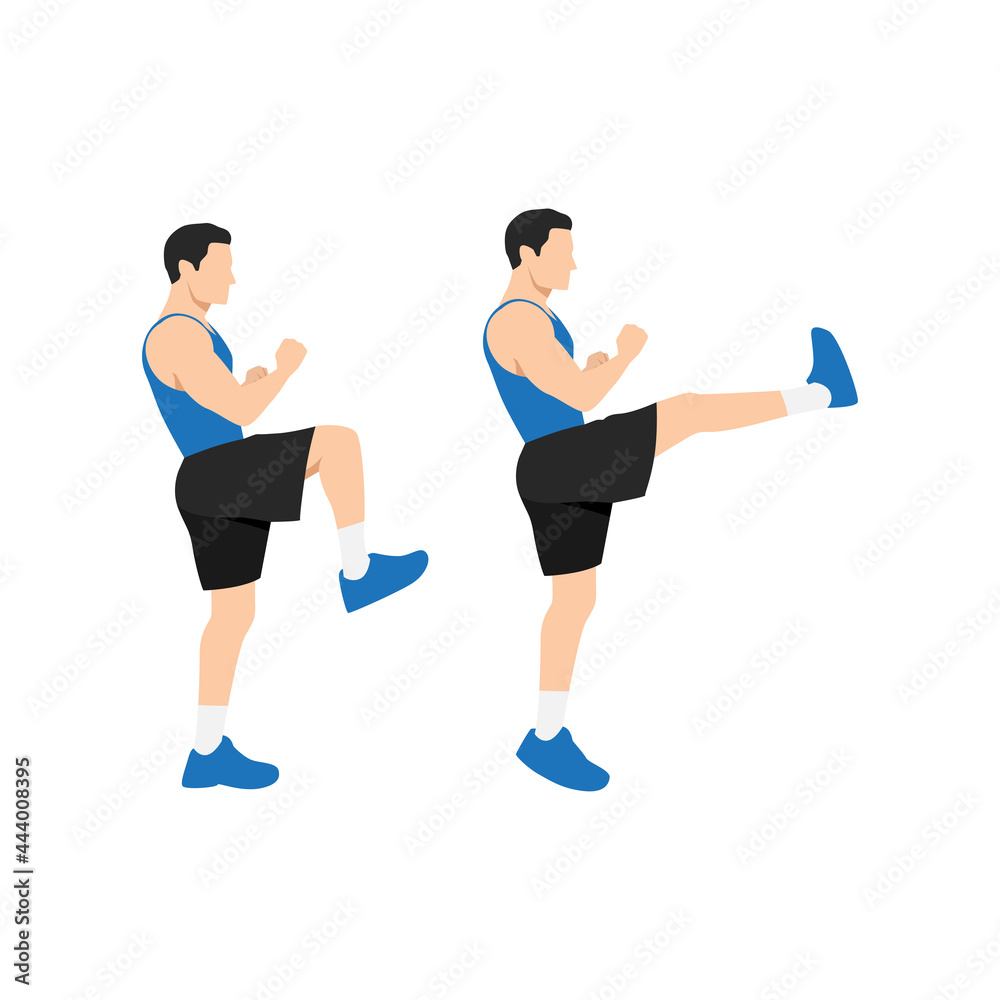 Man doing Front kick exercise. Flat vector illustration isolated on white background Man doing Front kick exercise. Flat vector illustration isolated on white background