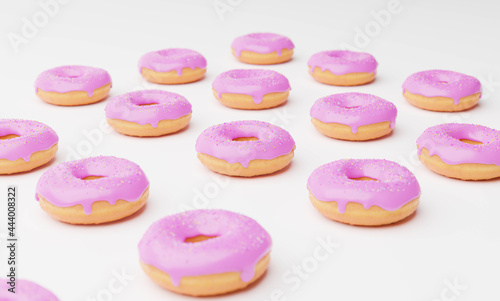 Delicious sweet donuts on top with icing and colorful sprinkles in background. 3D rendering.