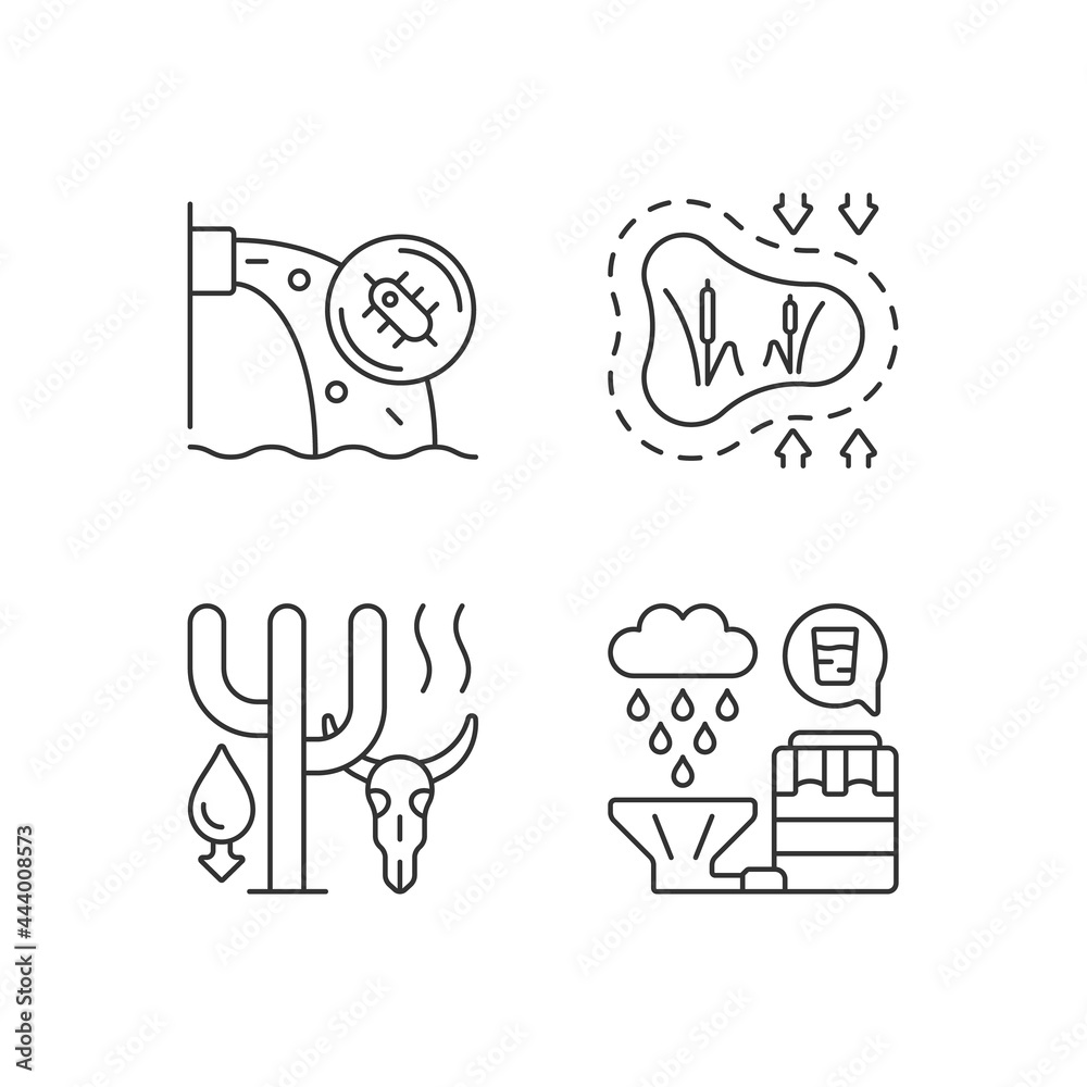 Worldwide rising water demand linear icons set. Water contamination. Disappearing wetlands. Customizable thin line contour symbols. Isolated vector outline illustrations. Editable stroke