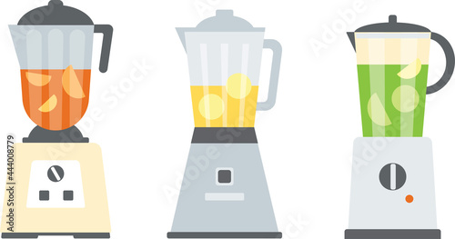 Three bright juicers of different shapes. Flat vector illustration isolated on white background