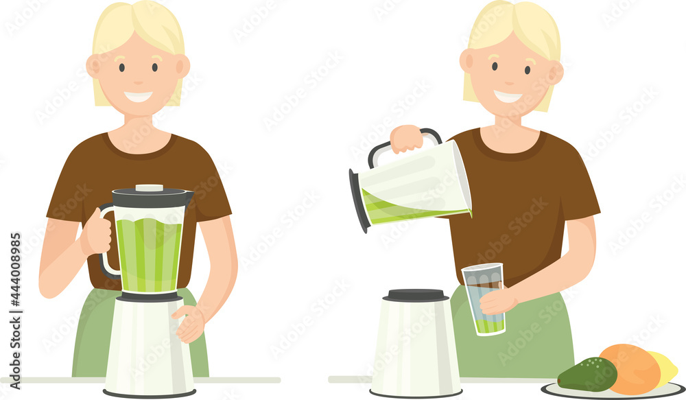 Young smiling girl makes a drink in a juicer and pours the drink into a glass. Two pictures. Vector flat illustration isolated on white background