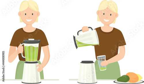 Young smiling girl makes a drink in a juicer and pours the drink into a glass. Two pictures. Vector flat illustration isolated on white background