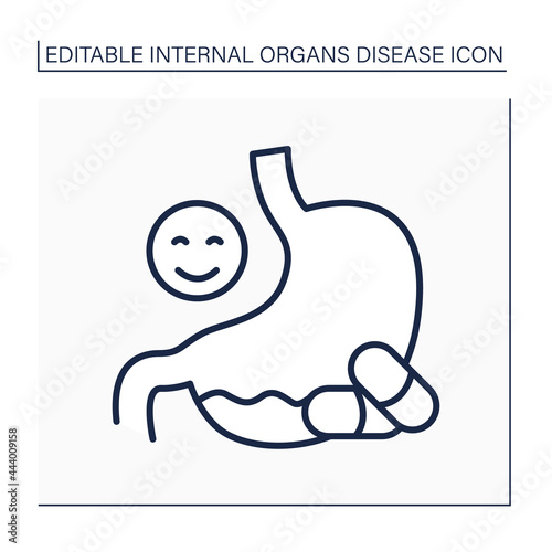 Medical treatment line icon. Special treatment for prevention of diseases. Painkillers and pills. Healthy feelings. Internal organs disease concept.Isolated vector illustration.Editable stroke