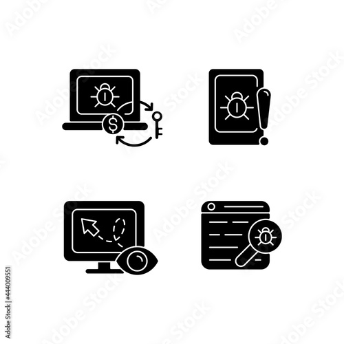 Internet censorship black glyph icons set on white space. Ransomware. Cell phone bugging. Web bug. Demanding payment. Location tracking. Web beacon. Silhouette symbols. Vector isolated illustration