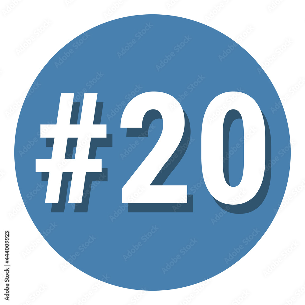 Number 20 twenty symbol sign in circle, 20th twentieth count hashtag icon. Simple flat design vector illustration.