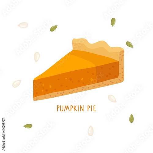 Pumpkin pie. Cut off pie piece isolated on white background. Healthy Vegetable eating for thanksgiving dinner. Autumn flat design for menu, cafe, restaurant, farmers market, vegetarian recipe