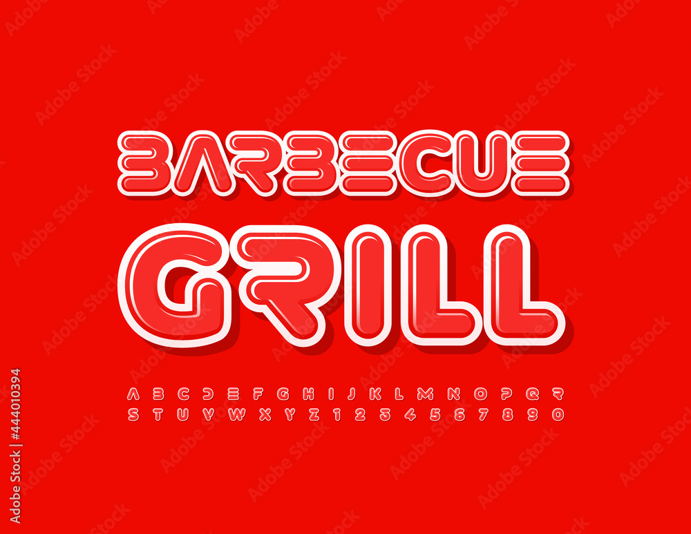 Vector sign Barbecue Grill for Menu, Restaurant, Cafe. Red creative Font. Abstract style Alphabet Letters and Numbers set