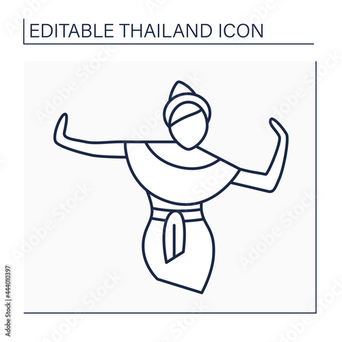 Classical dance line icon. Graceful body movements and elaborate costumes. Different dances khon,ram wong, shadow puppetry, lakhon lek.Thailand concept. Isolated vector illustration. Editable stroke