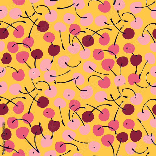 Seamless repeating pattern with hand drawn cherries with stems. Colorful vector illustration on yellow background for surface design and other design projects