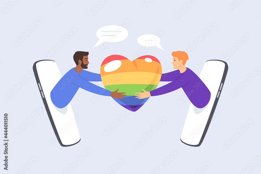 Online dating for homosexuals. Two gay guys reach for each other through the smartphone screen. LGBTQ couple hug the heart. Vector illustration isolated on white background