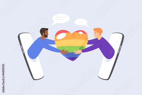 Online dating for homosexuals. Two gay guys reach for each other through the smartphone screen. LGBTQ couple hug the heart. Vector illustration isolated on white background