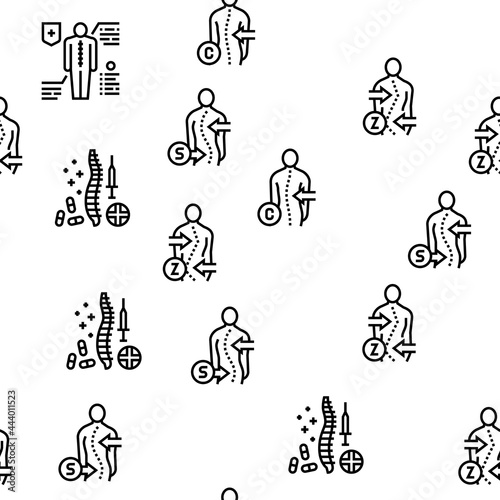 Scoliosis Disease Collection Icons Set Vector. Corset And Surgery Medical Operation For Treatment Kyphosis And Scoliosis Health Problem Black Contour Illustrations