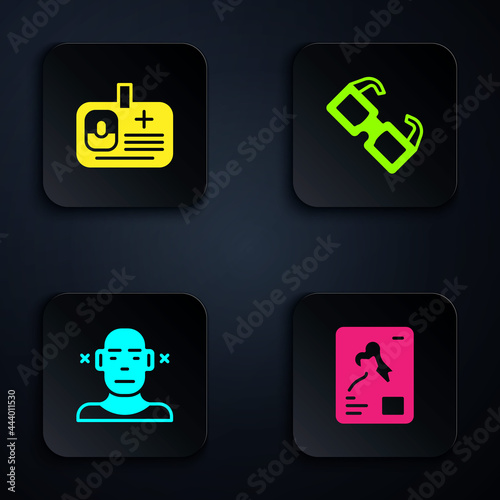Set X-ray shots, Identification badge, Deaf and Eyeglasses. Black square button. Vector