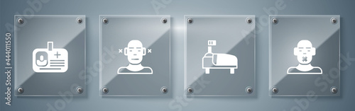 Set Head of deaf and dumb, Hospital bed, Deaf and Identification badge. Square glass panels. Vector