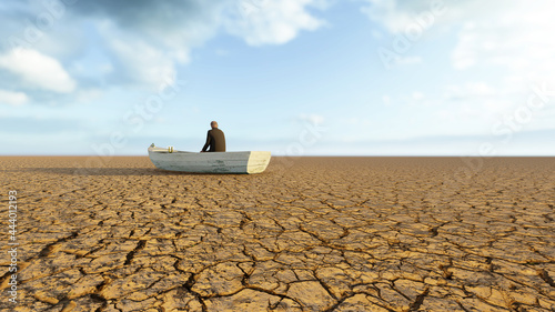 Concept or conceptual desert landscape with a man in a boat as a metaphor for global warming and climate change. A warning for the need to protect our environment and future 3d illustration