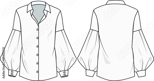 bishop sleeve shirt collar blouse vector, flat drawing, technical drawing or fashion illustration.  formal blouse, office wear blouse.