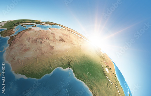 Fototapeta Naklejka Na Ścianę i Meble -  Sun shining over a high detailed view of Planet Earth, focused on Africa. 3D illustration - Elements of this image furnished by NASA