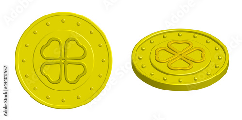 Isometric gold coin mascot with four leaf clover. Amulet for attracting good luck. 3d vector