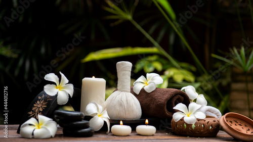 Thai spa massage. Spa treatment cosmetic beauty. Therapy aromatherapy for care body women with candles for relax wellness. Aroma and salt scrub setting ready healthy lifestyle.
