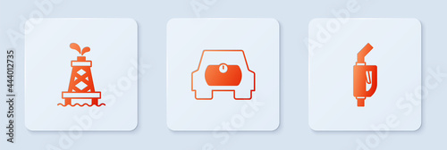 Set Gas tank for vehicle, Oil rig and Gasoline pump nozzle. White square button. Vector