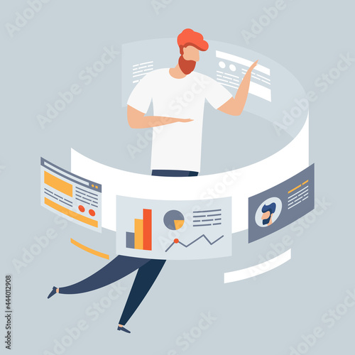 Modern flat design concept of marketing for banner and website, landing page template. Strategy and management,analysis, development. Men designer freelancer develops business application online