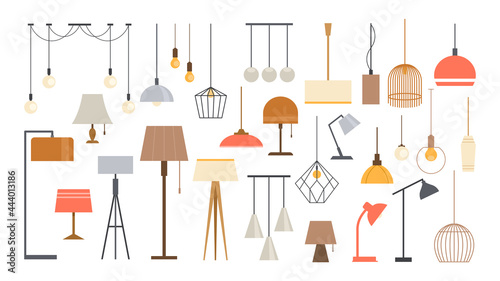 Lamp for room lighting. Vector icon set of colorful pendant chandelier, table and floor lamp, chandeliers, bulbs, illuminator. Elements for modern home interior in flat cartoon style.Furniture icons