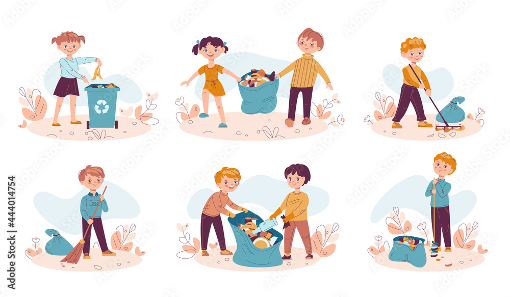 Set of children collecting trash into bags and throwing litter into trash can. Children cleaning nature, recycle garbage. Vector illustration in flat cartoon style. Isolated on a white background.