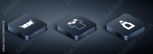Set Isometric Temperature wash, Bottle for cleaning agent and Drying clothes icon. Vector
